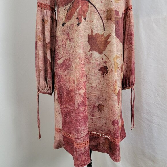 One World Leaf Print Dress Red M Medium Women's NEW long sleeve embroidered - Picture 3 of 11